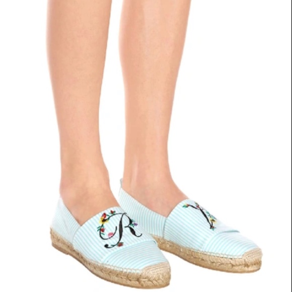 ROGER VIVIER Blooming Rv Embroidered Striped Canvas Espadrilles Blue Size 7 - Picture 3 of 12